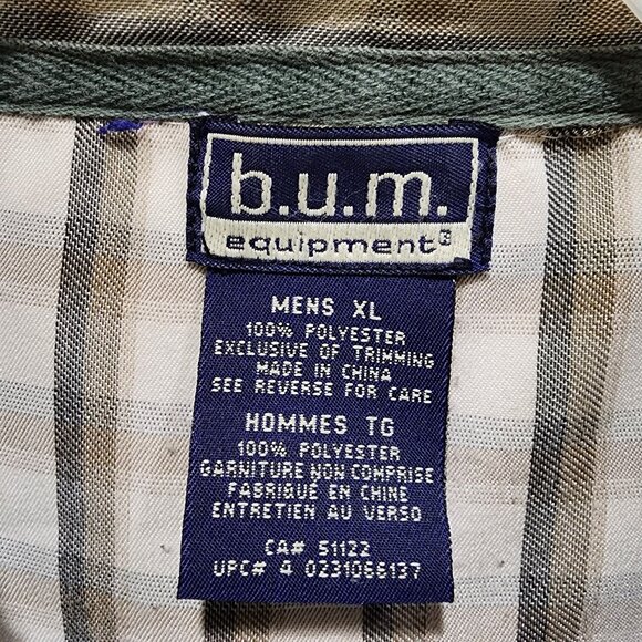 B.U.M. Equipment Mens XL Short Sleeve Button Up Shirt Gray Beige Plaid Polyester - Picture 3 of 9